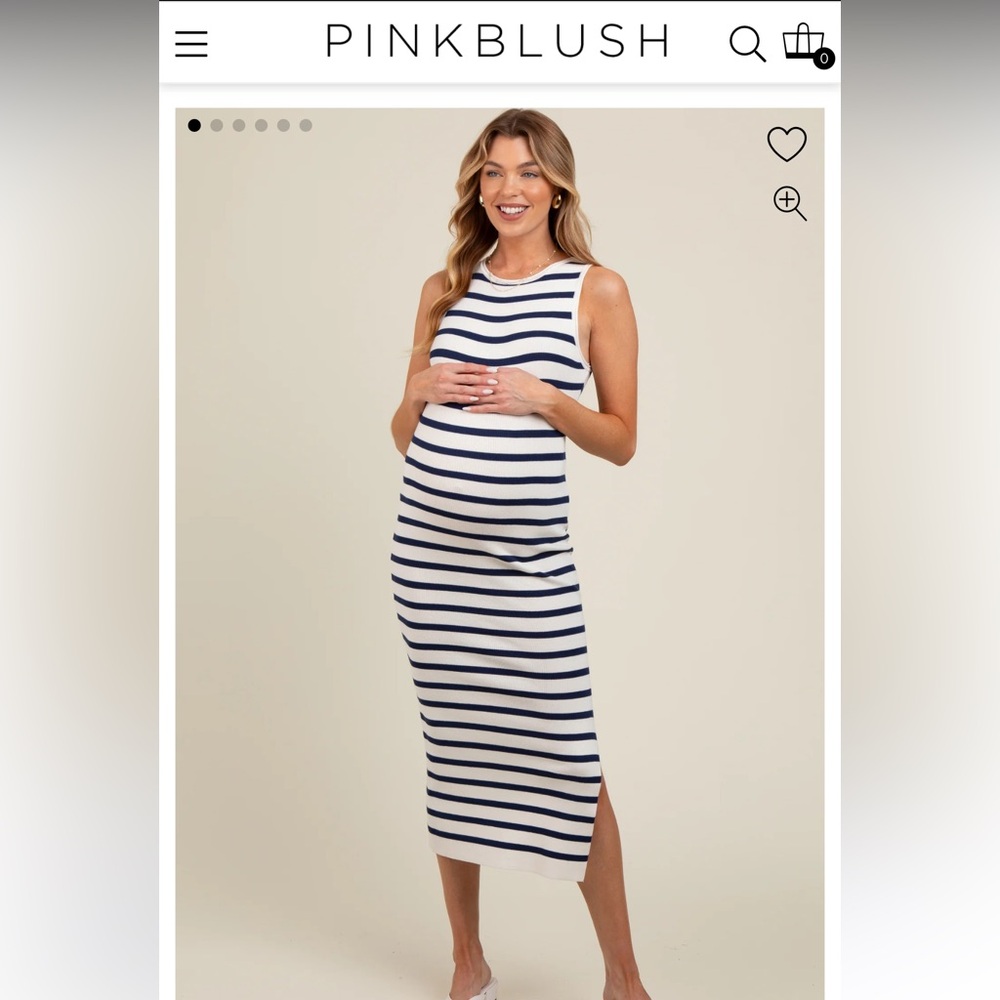 White Navy Striped Knit Sleeveless Side Slit Maternity Midi Dress